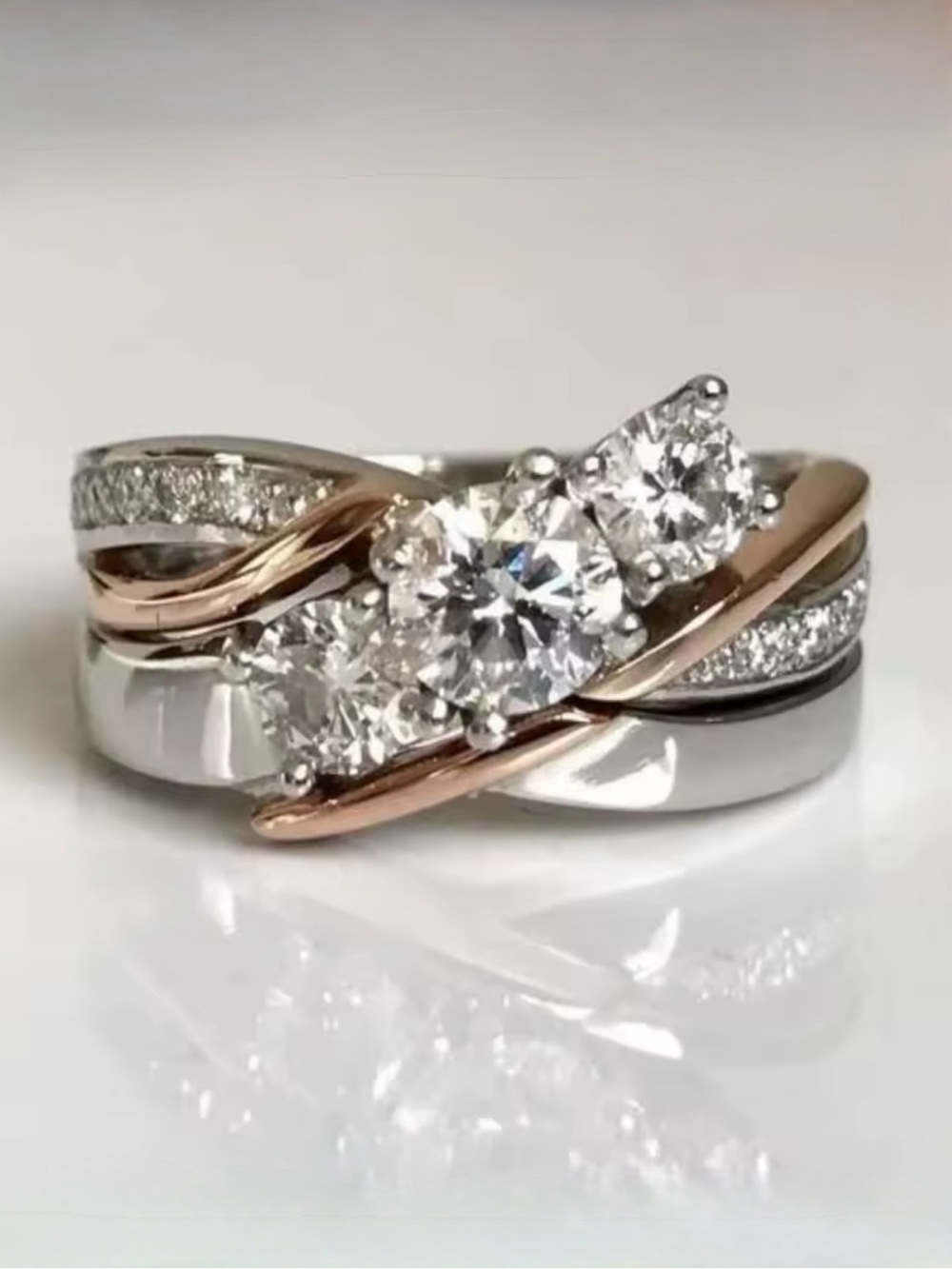 Silver & Rose Gold Two-Tone Cubic Zirconia Three-Stone Ring - Picture 1 of 8